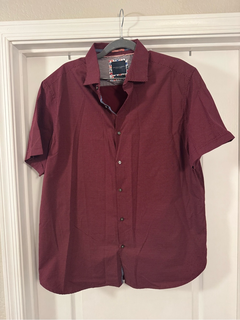 Denim & Flower Short Sleeve Button-Down Shirt in Burgundy Micro Dot